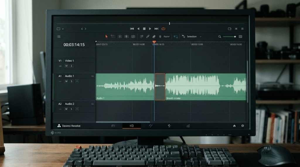 Audio waveform timeline in Premiere Pro showing breath gap removed between speech clips