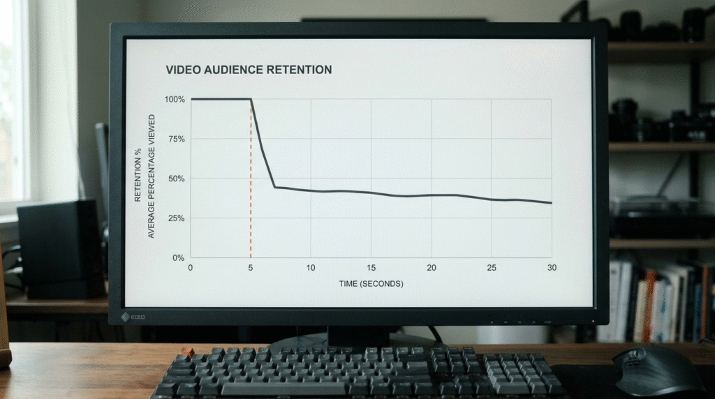 Audience retention graph showing steep viewer drop-off between seconds 3 and 6 on short-form video
